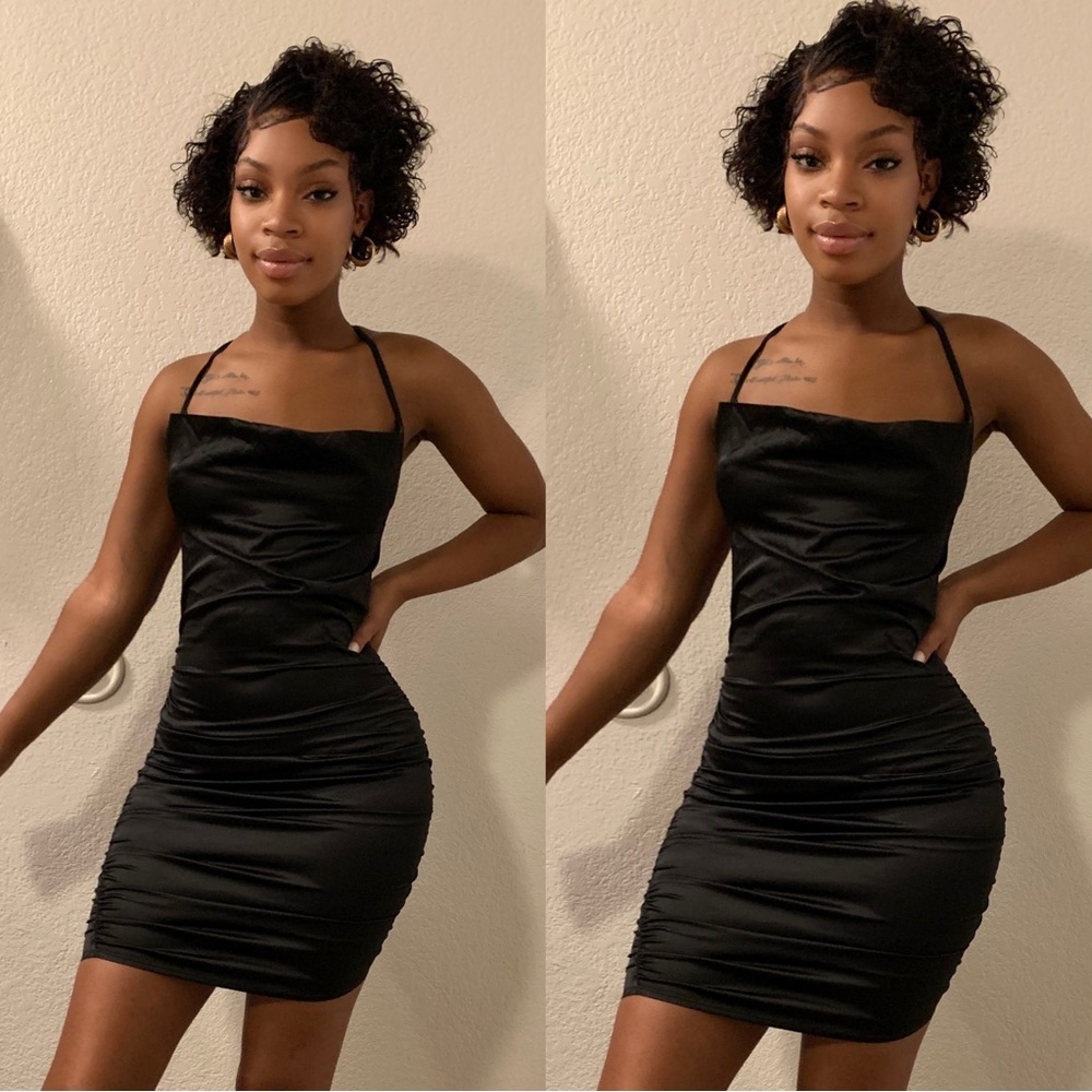 Black Satin Rushed Mini Dress size Small